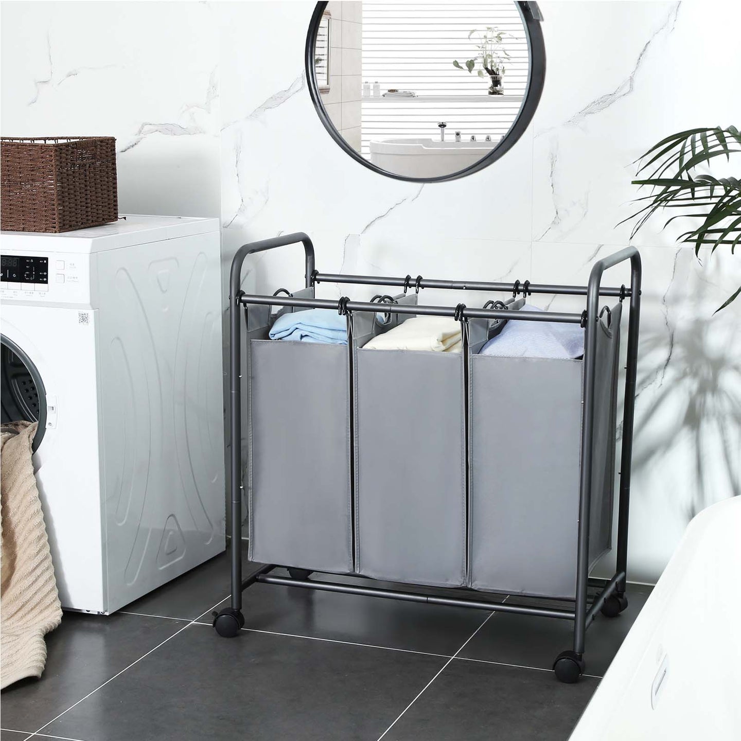 Laundry Cart - Fabric - Beige - 3 Removable Baskets on Wheels