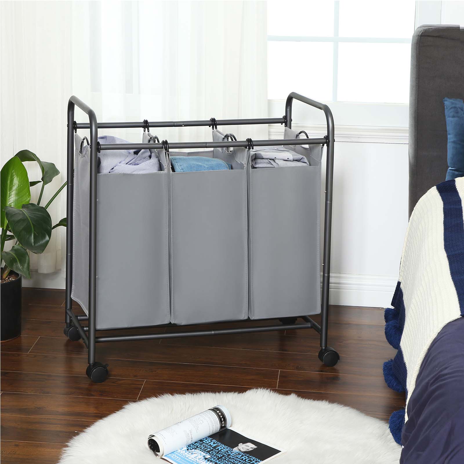 Laundry Cart - Fabric - Beige - 3 Removable Baskets on Wheels