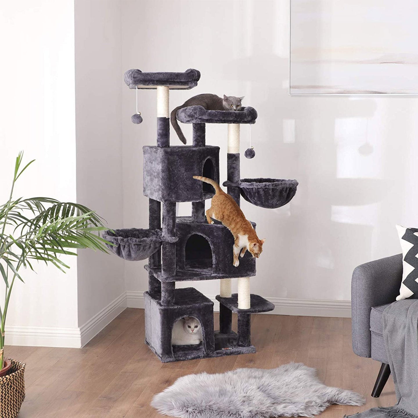 Cat Tree - Engineered Wood - Light Grey - Three Enclosed Caves and Multi-Level Design