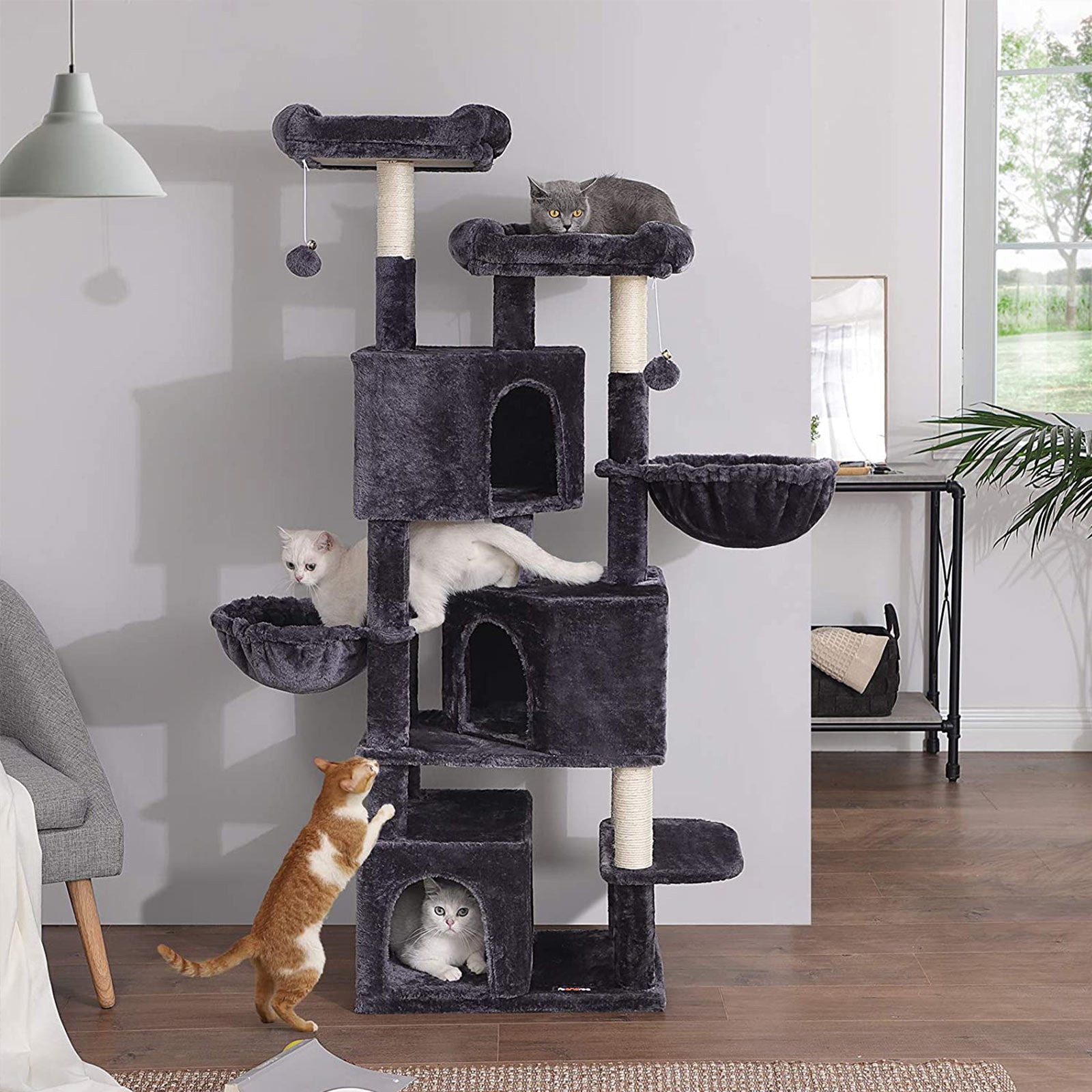Cat Tree - Engineered Wood - Light Grey - Three Enclosed Caves and Multi-Level Design