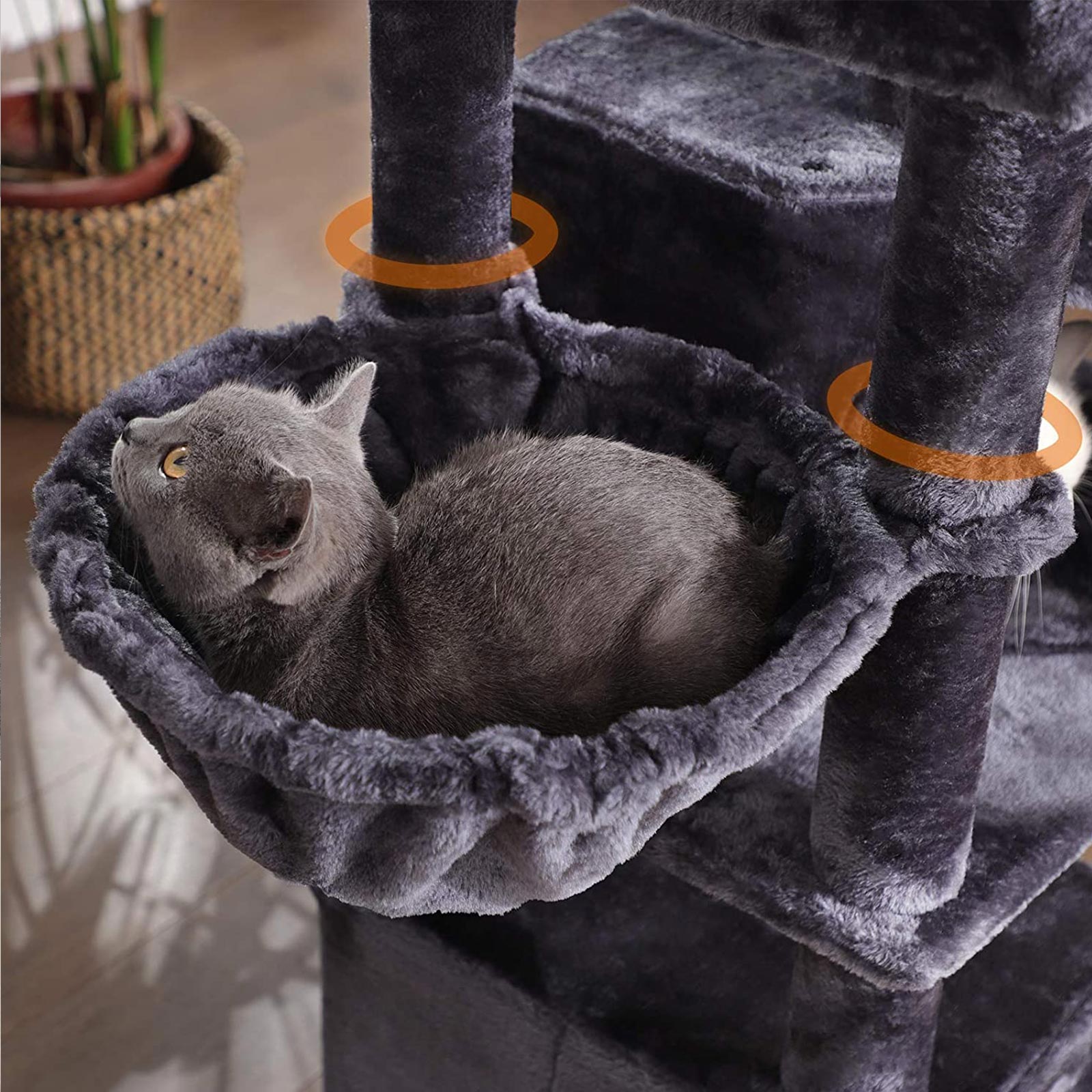 Cat Tree - Engineered Wood - Light Grey - Three Enclosed Caves and Multi-Level Design