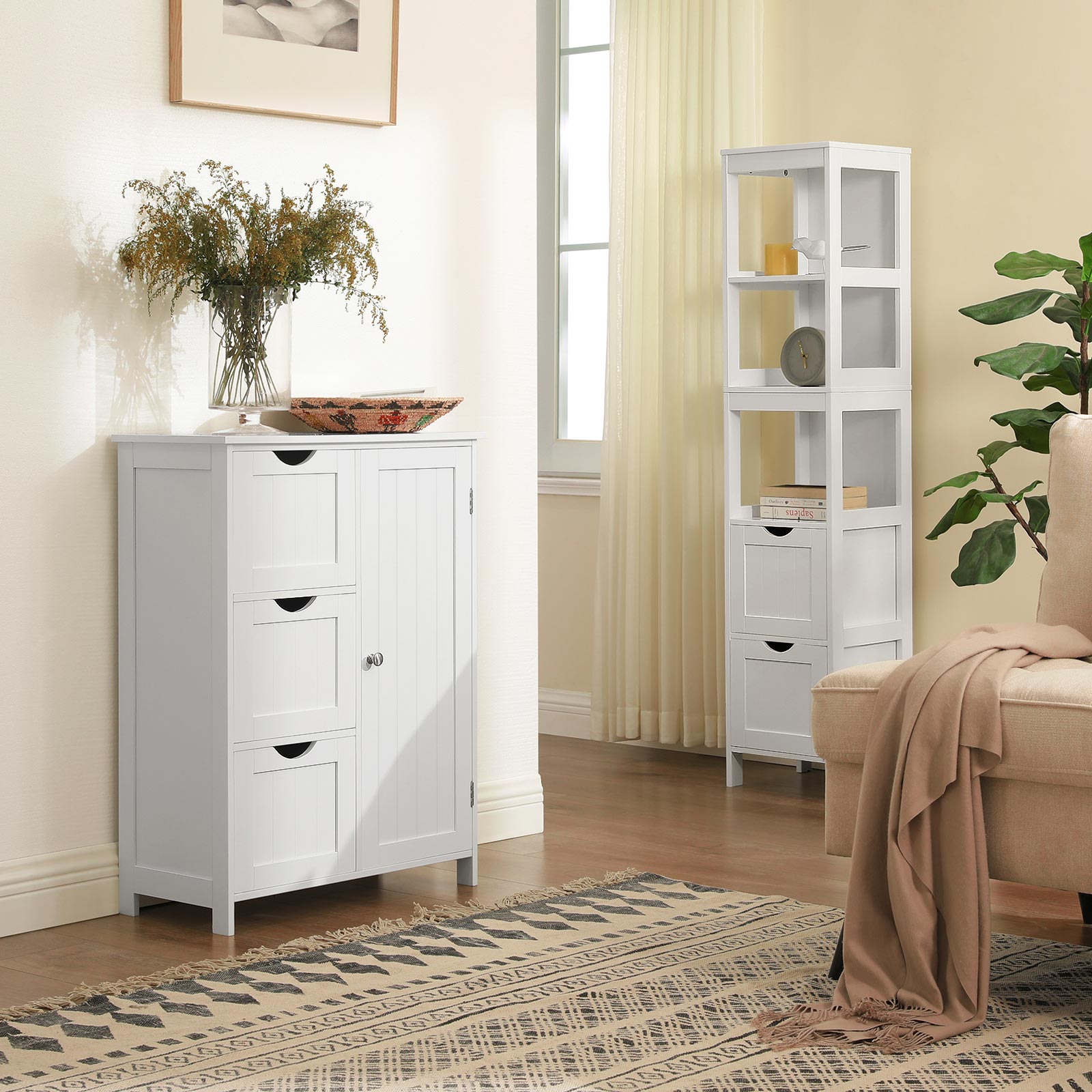 Floor Cabinet - Wood - White - 3 Large Drawers with Adjustable Shelf