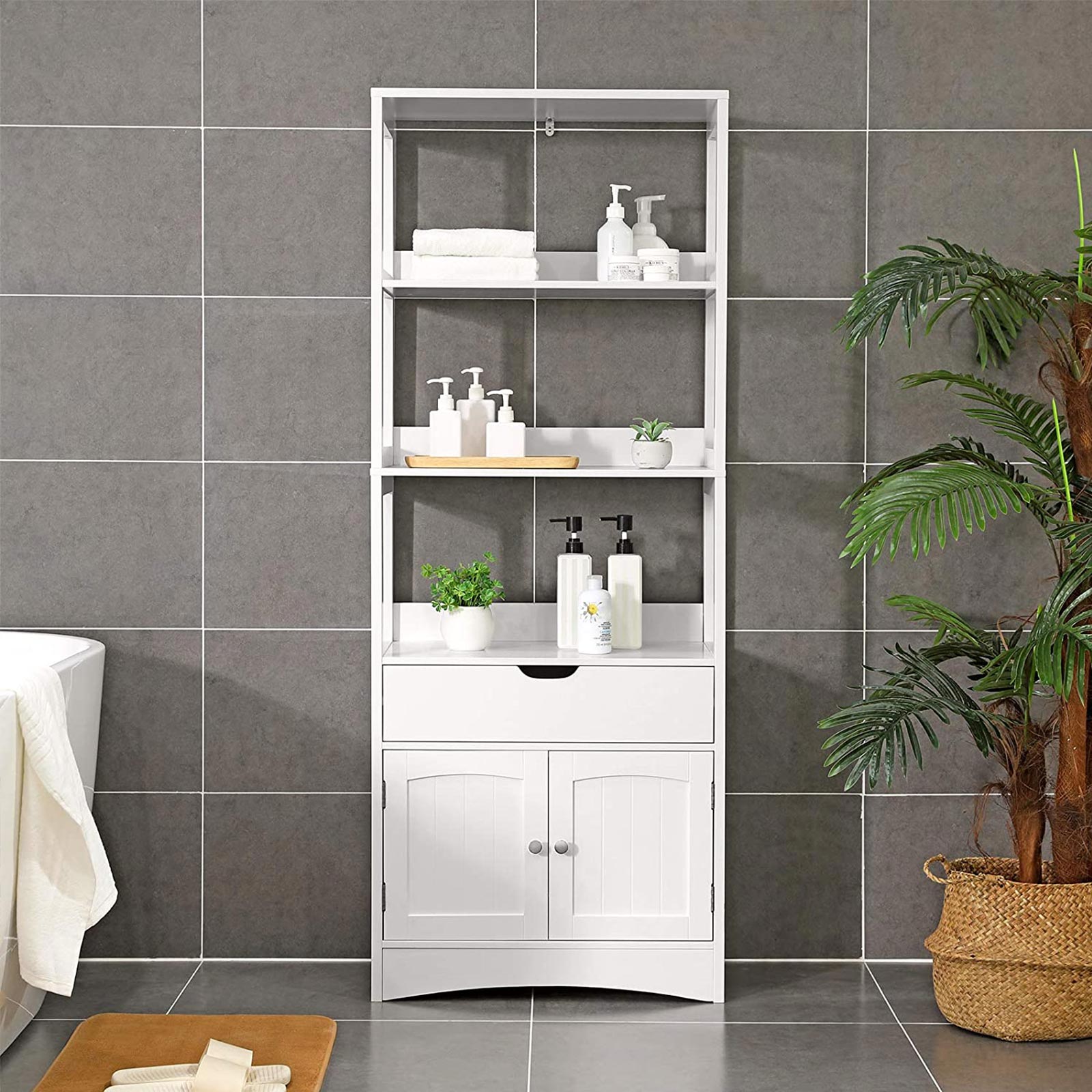 Open Shelves Cabinet - Engineered Wood - White - Free Standing with 3 Open Shelves