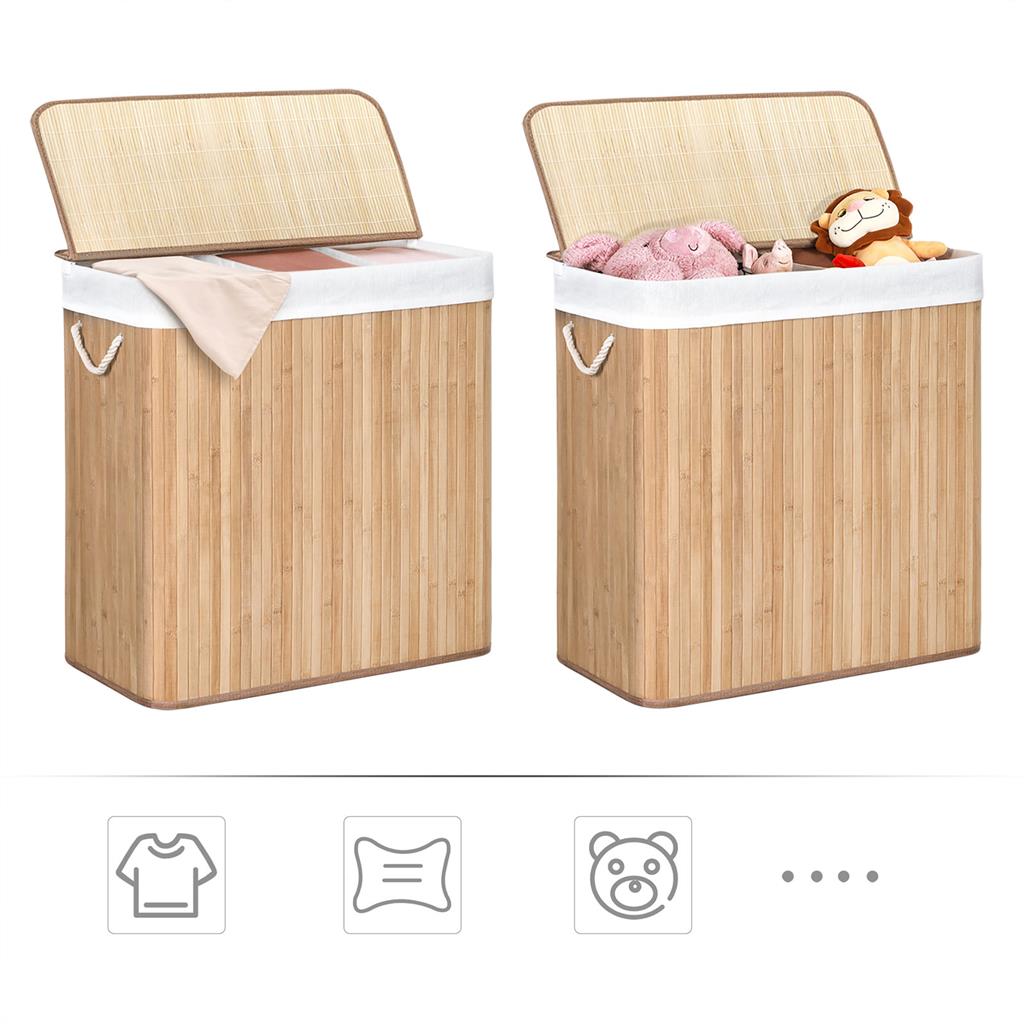 Laundry Hamper - Fabric - Natural - 3 Sections with Clip-on Lid and Handles