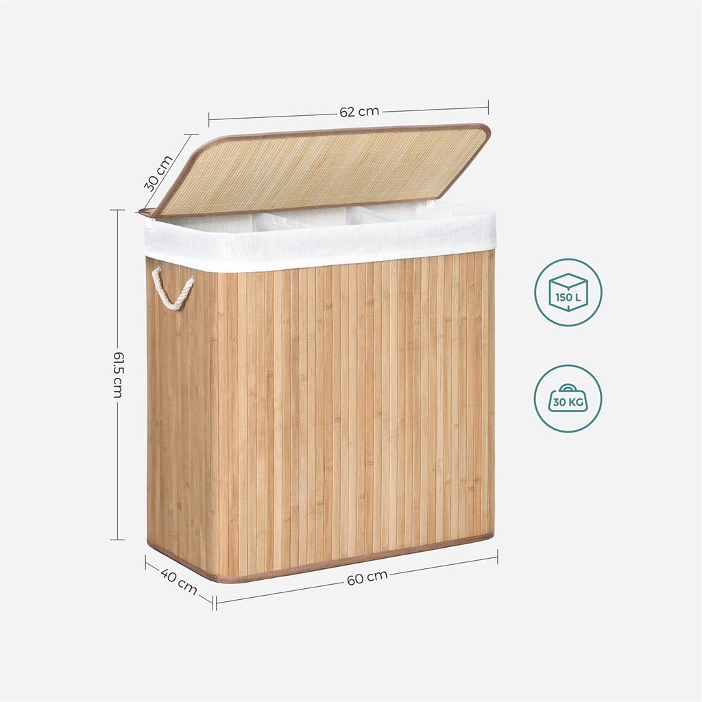 Laundry Hamper - Fabric - Natural - 3 Sections with Clip-on Lid and Handles