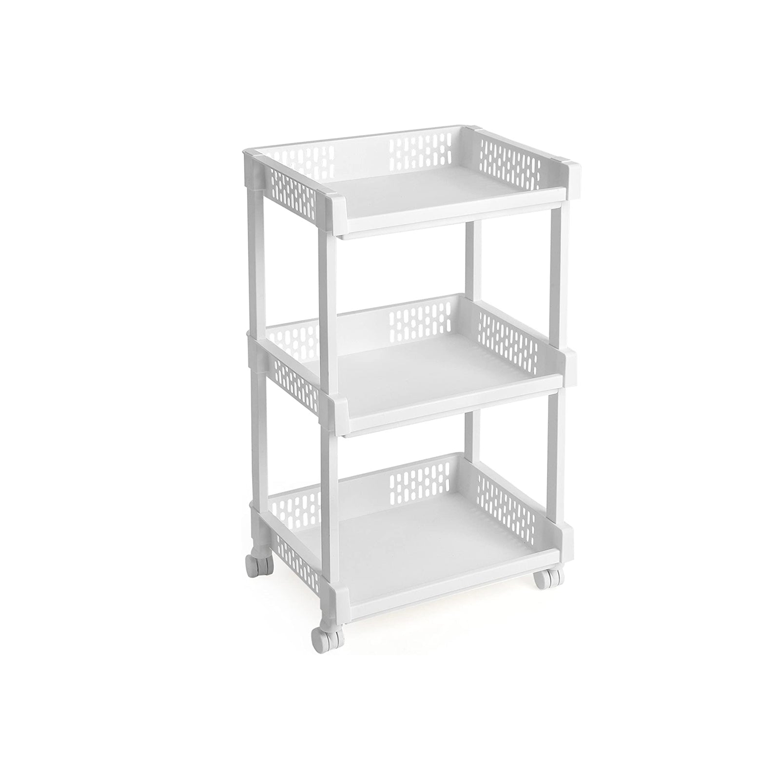 Rolling Trolley Storage Unit - Wood - White - 3 Shelves for Kitchen and Bathroom