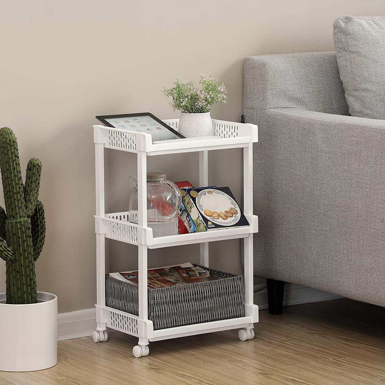 Rolling Trolley Storage Unit - Wood - White - 3 Shelves for Kitchen and Bathroom