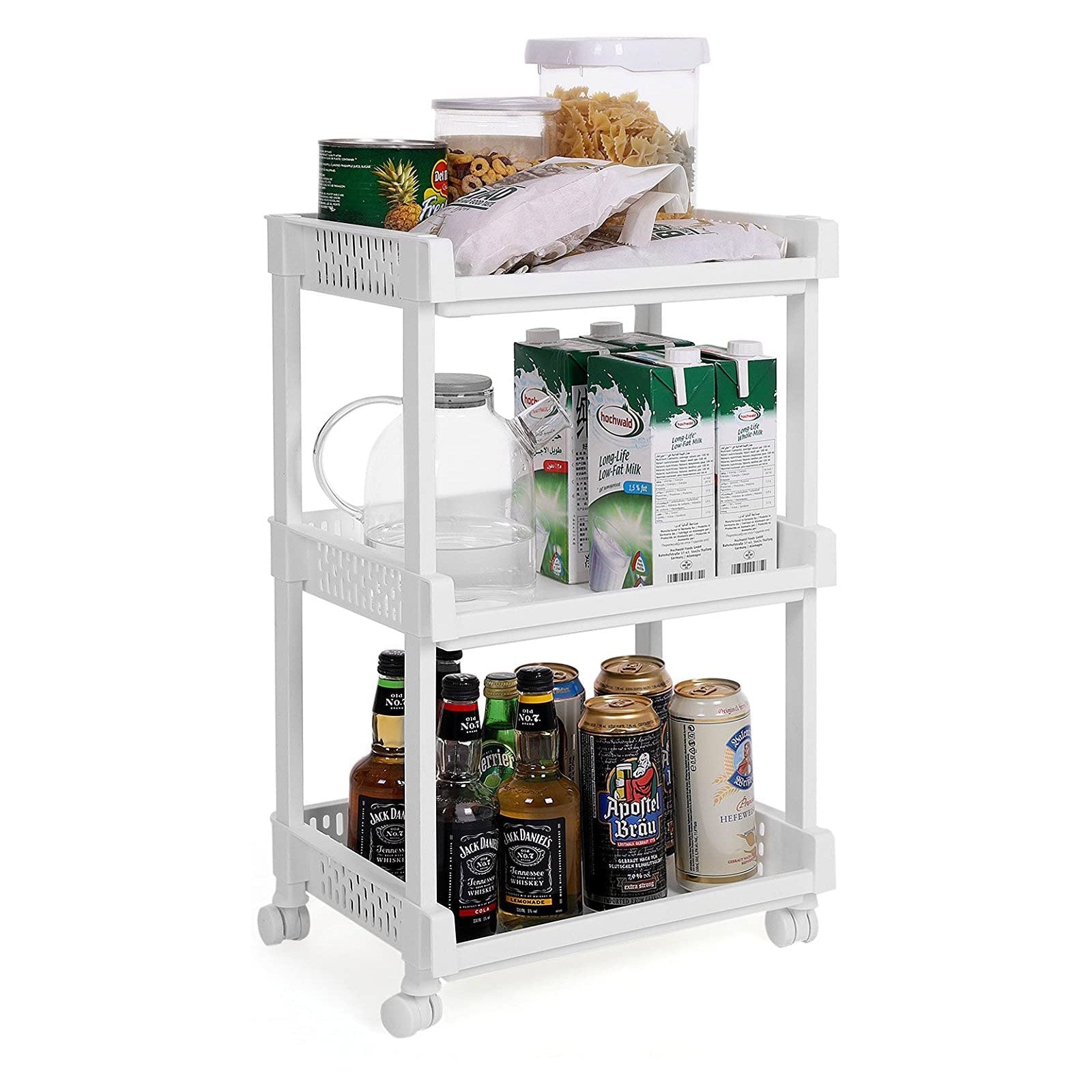 Rolling Trolley Storage Unit - Wood - White - 3 Shelves for Kitchen and Bathroom