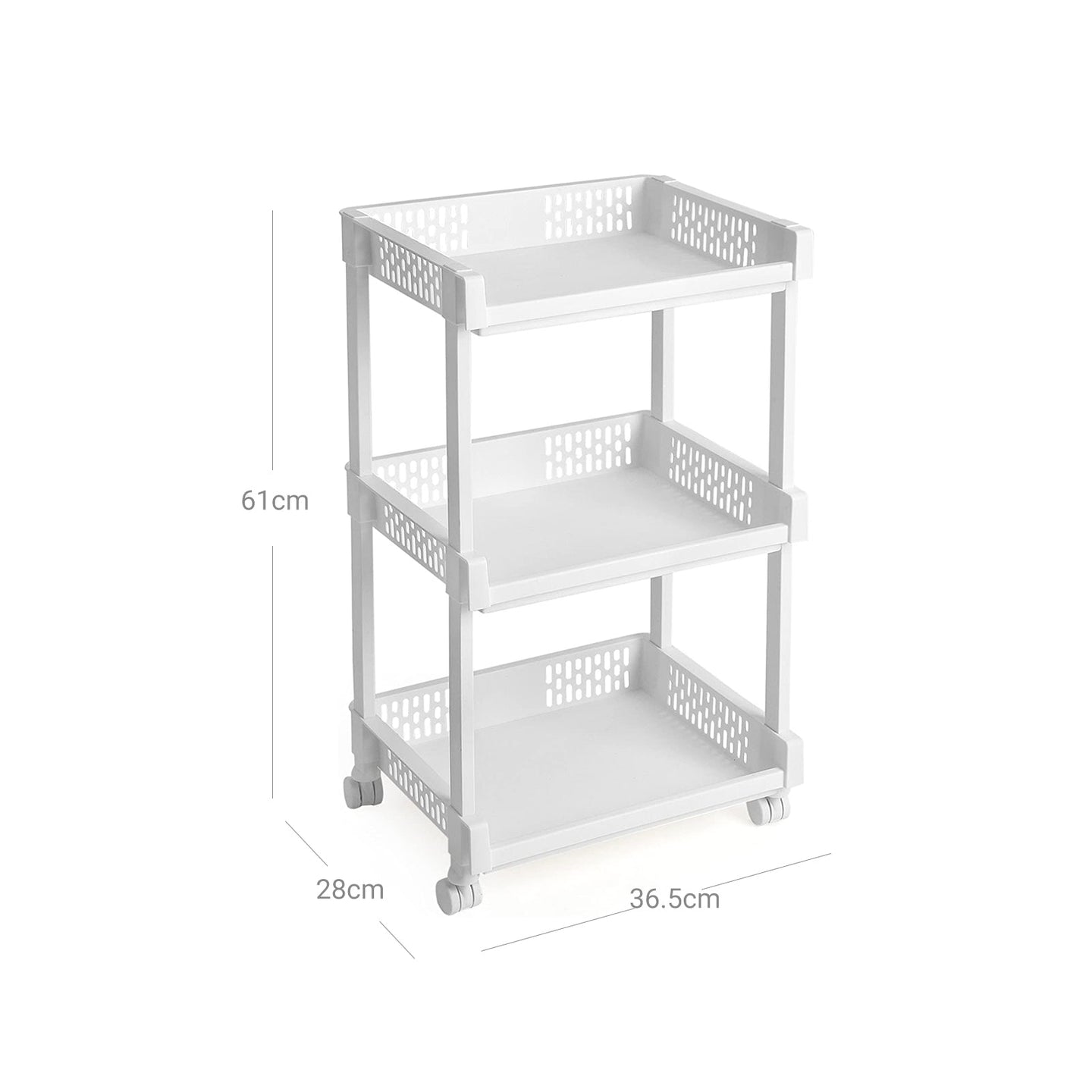 Rolling Trolley Storage Unit - Wood - White - 3 Shelves for Kitchen and Bathroom