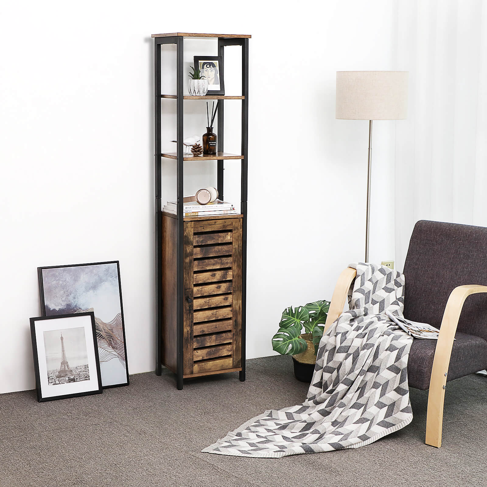 Storage Cabinet - Wood - Rustic Brown - Tall with 3 Shelves and Cupboard