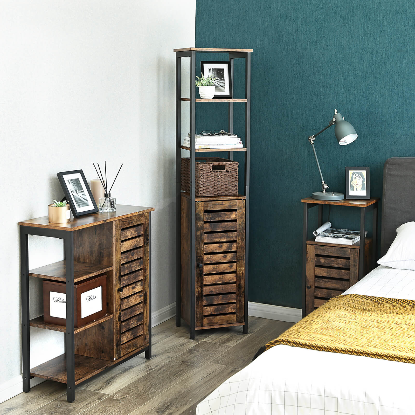 Storage Cabinet - Wood - Rustic Brown - Tall with 3 Shelves and Cupboard