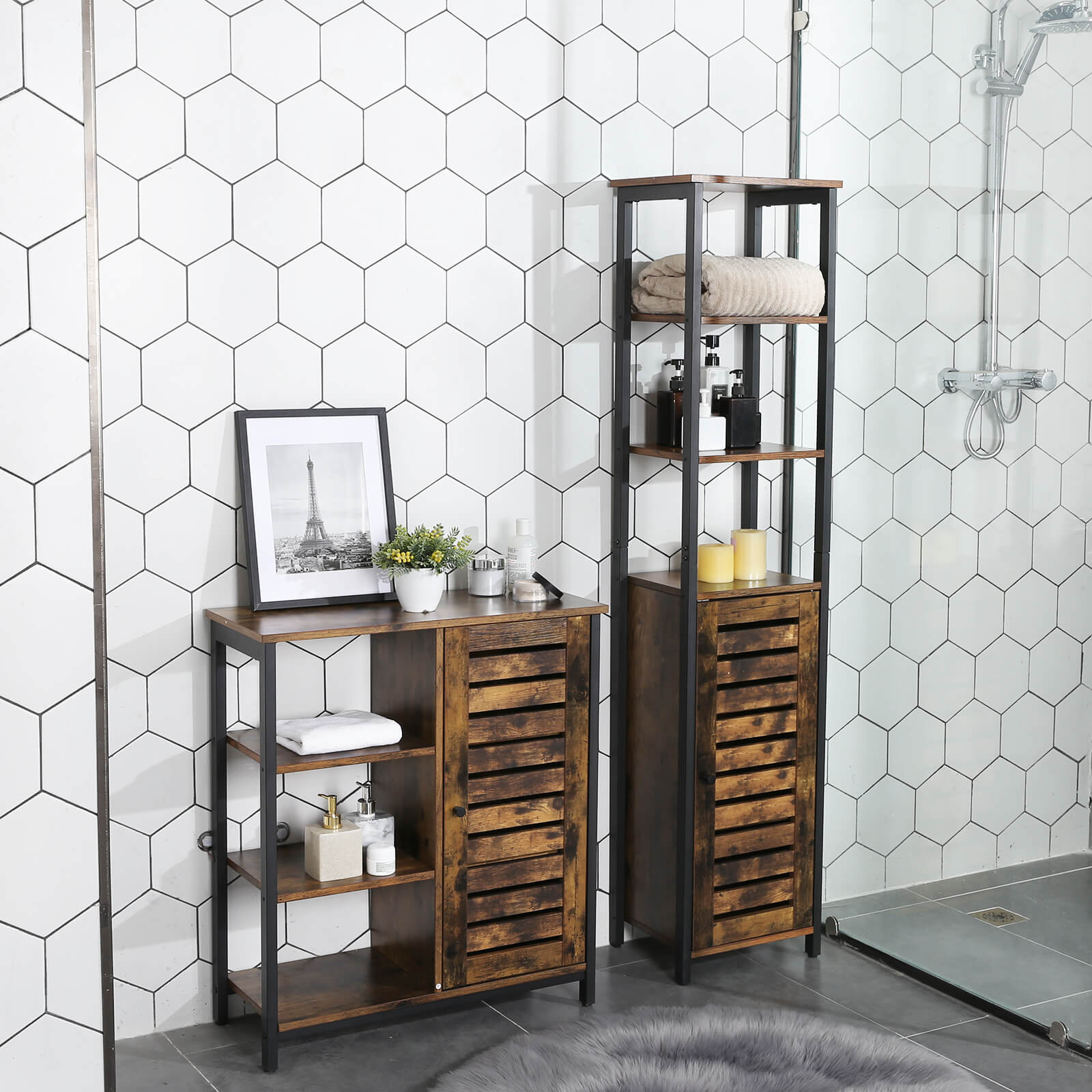 Storage Cabinet - Wood - Rustic Brown - Tall with 3 Shelves and Cupboard