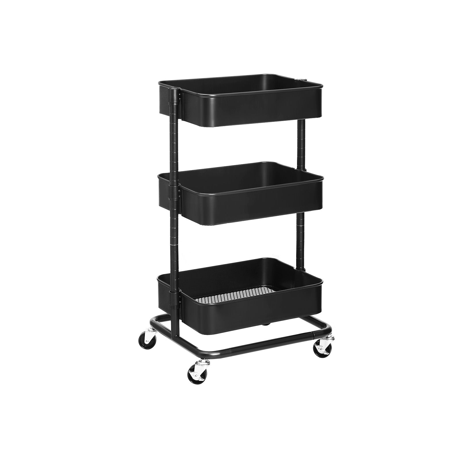 3-Tier Rolling Cart - Metal - Black - Height Adjustable Shelves