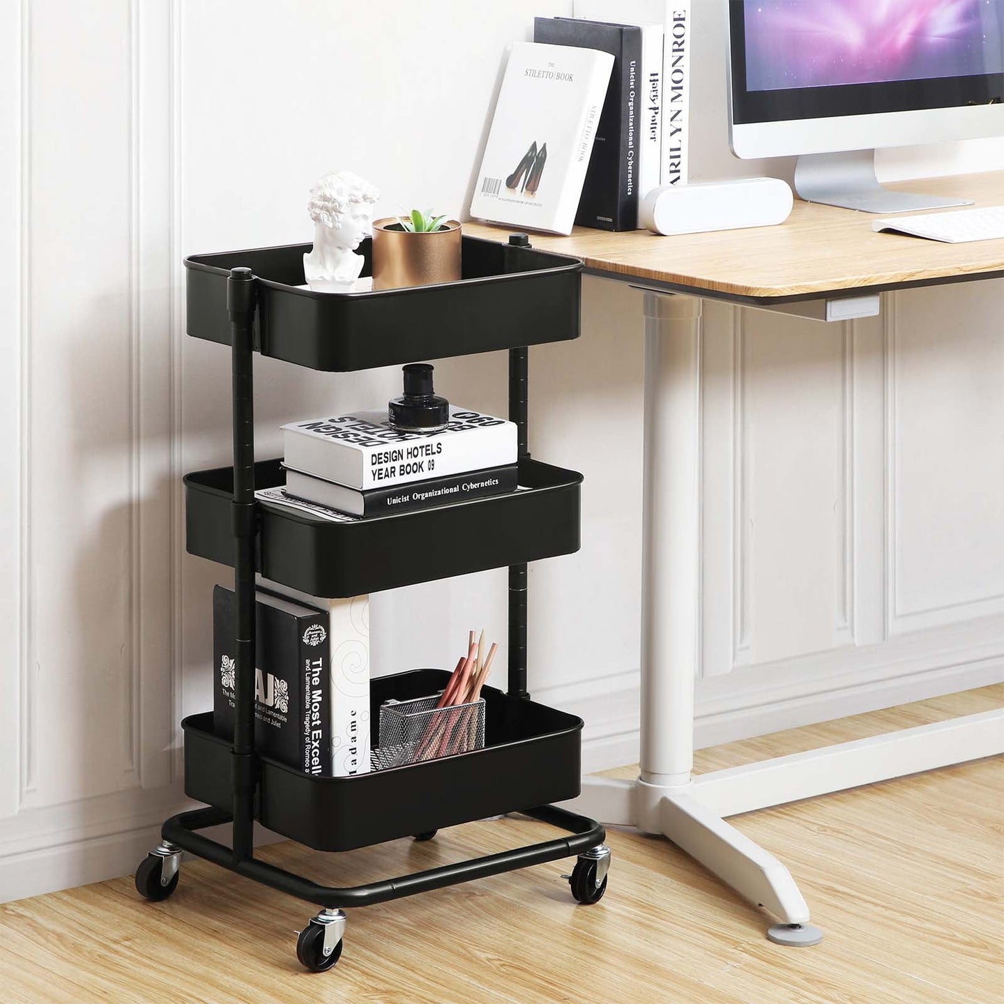 3-Tier Rolling Cart - Metal - Black - Height Adjustable Shelves