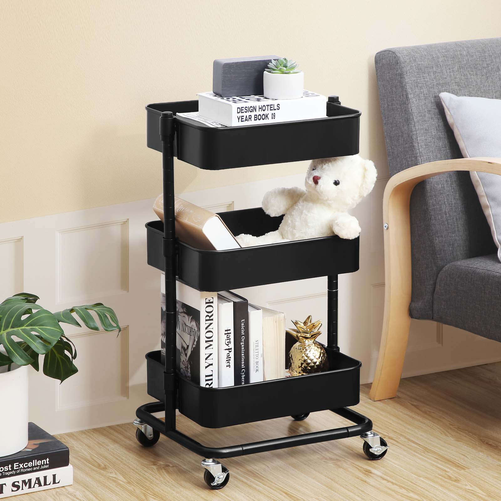 3-Tier Rolling Cart - Metal - Black - Height Adjustable Shelves