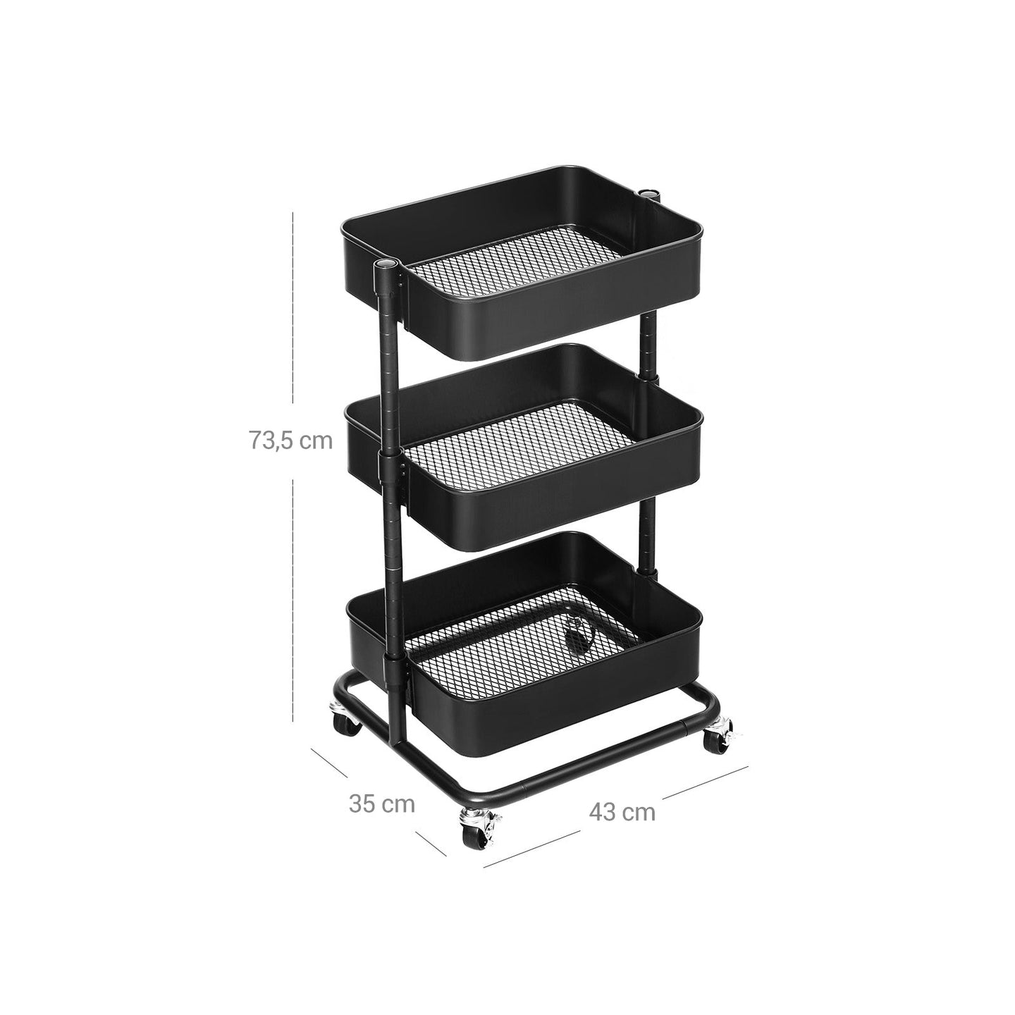 3-Tier Rolling Cart - Metal - Black - Height Adjustable Shelves