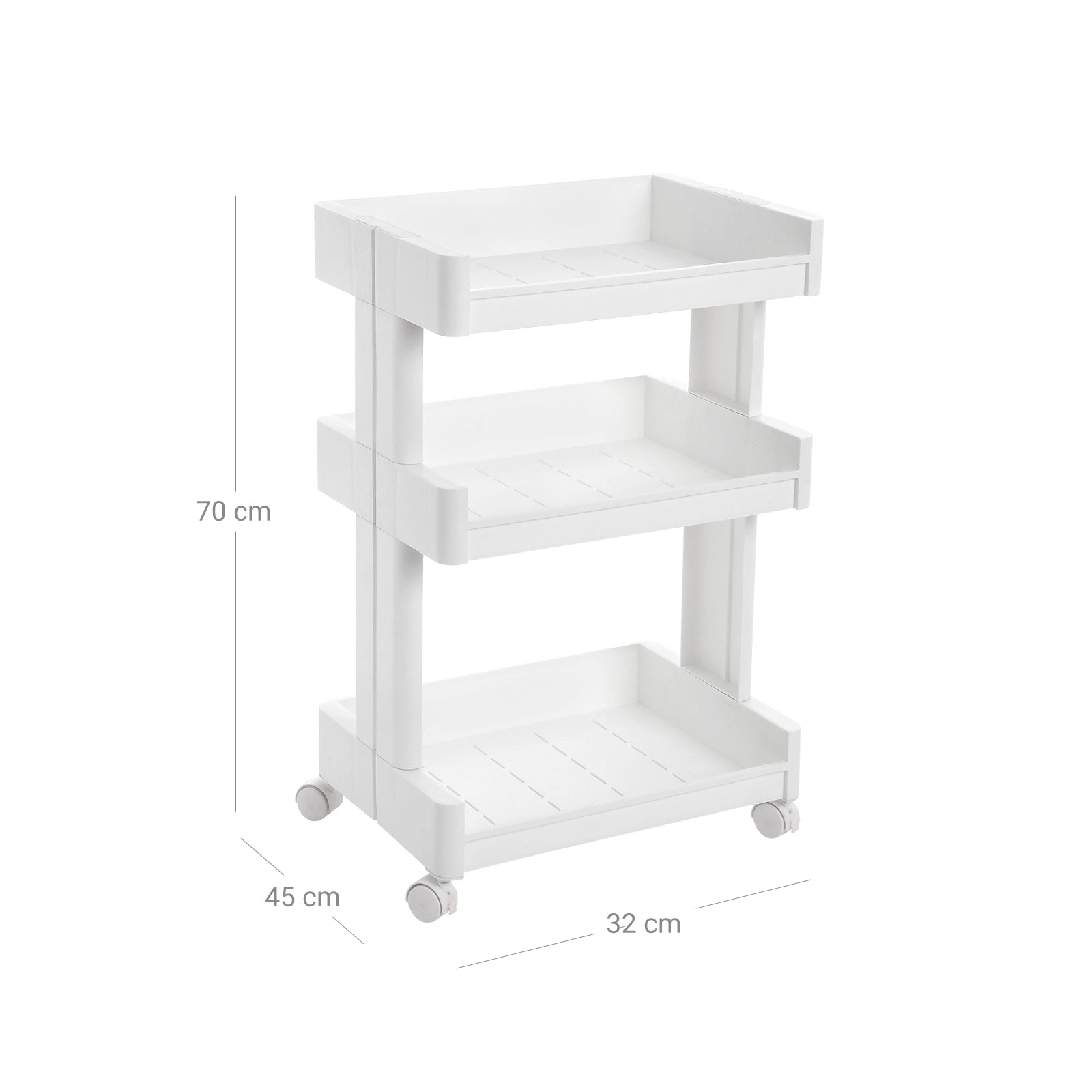 3-Tier Rolling Cart - Plastic - White - with Castors for Kitchen and Bathroom Organization