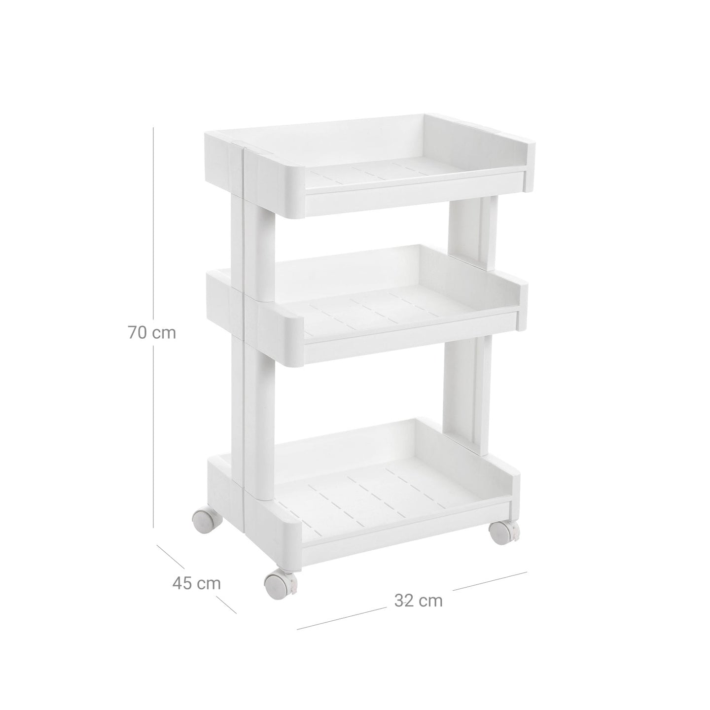 3-Tier Rolling Cart - Plastic - White - with Castors for Kitchen and Bathroom Organization