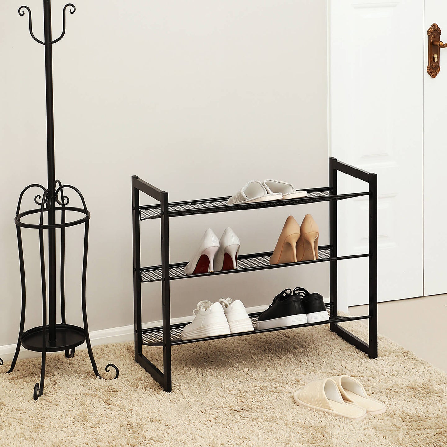3 Tier Shoe Rack - Metal Mesh - Black - Stackable Design for 9 Pairs of Shoes