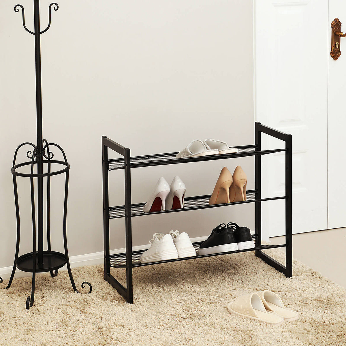 3 Tier Shoe Rack - Metal Mesh - Black - Stackable Design for 9 Pairs of Shoes