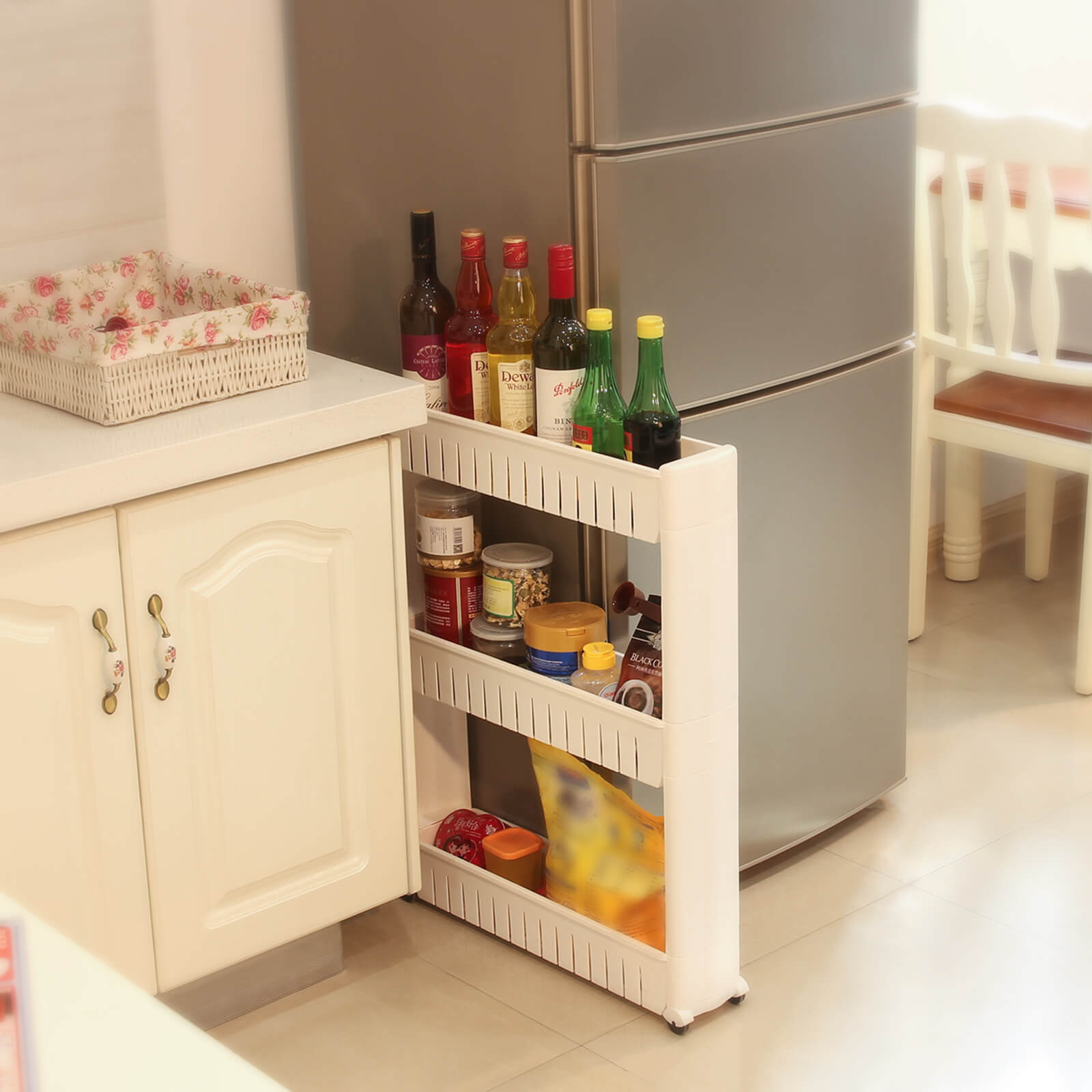 3-Tier Storage Tower - Metal - White - Mobile Design with Wheels