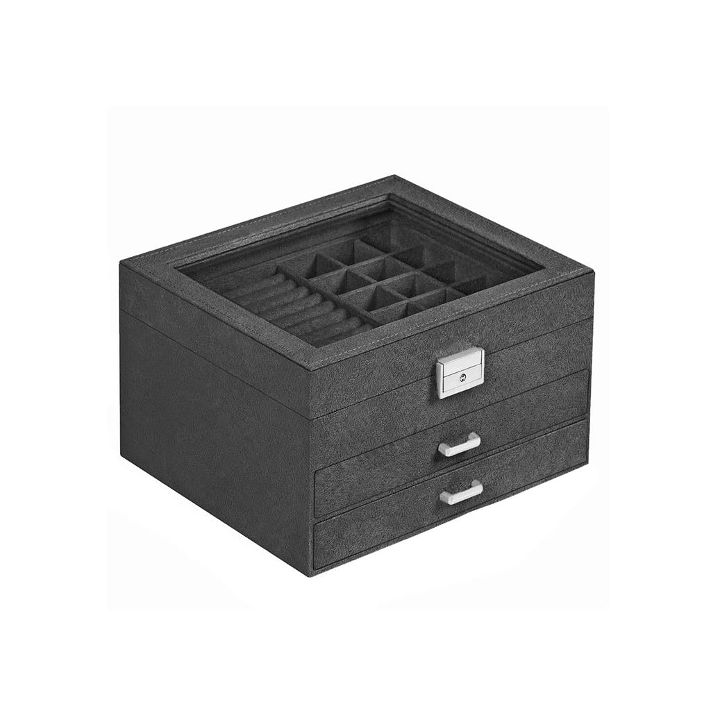 3-Tier Jewellery Box - Velvet - Grey - Clear Glass Lid with Lock and Key