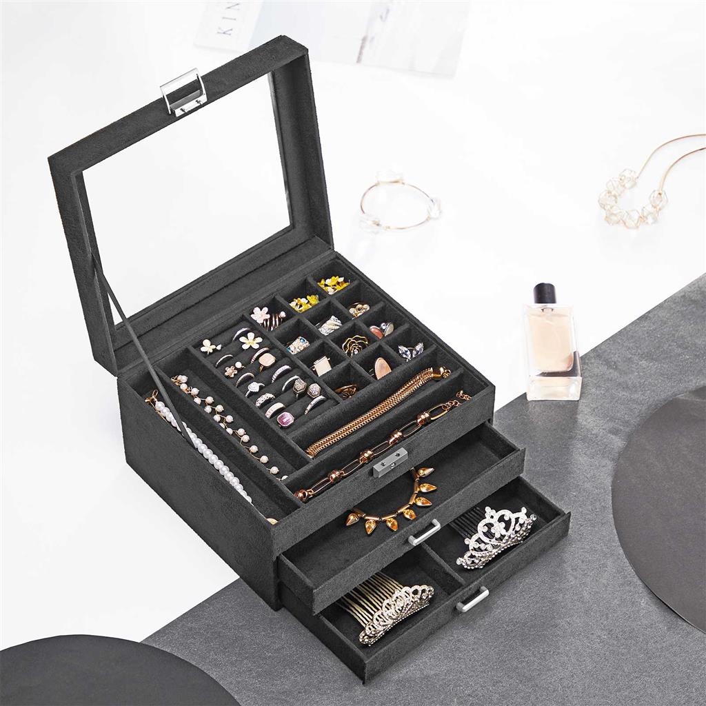 3-Tier Jewellery Box - Velvet - Grey - Clear Glass Lid with Lock and Key