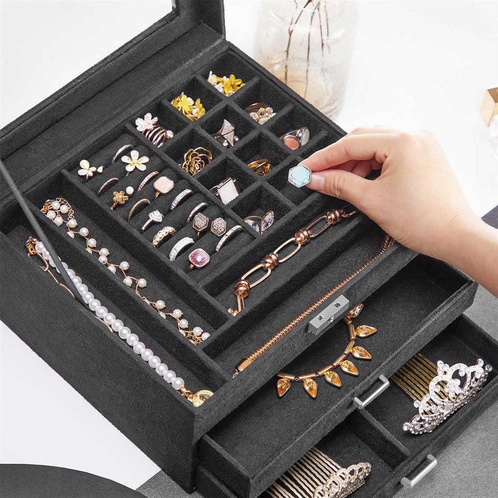 3-Tier Jewellery Box - Velvet - Grey - Clear Glass Lid with Lock and Key