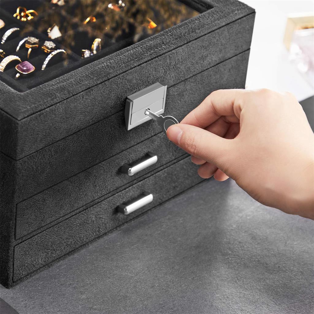 3-Tier Jewellery Box - Velvet - Grey - Clear Glass Lid with Lock and Key