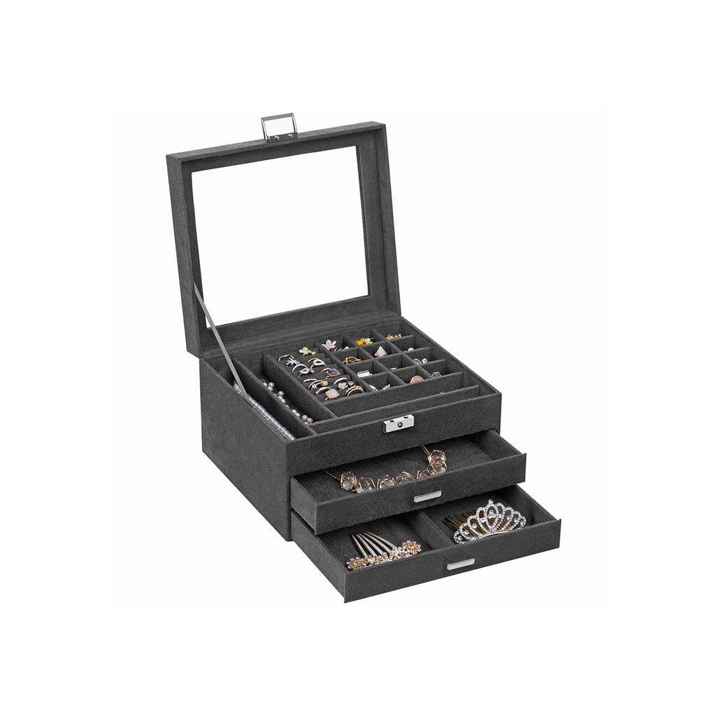 3-Tier Jewellery Box - Velvet - Grey - Clear Glass Lid with Lock and Key