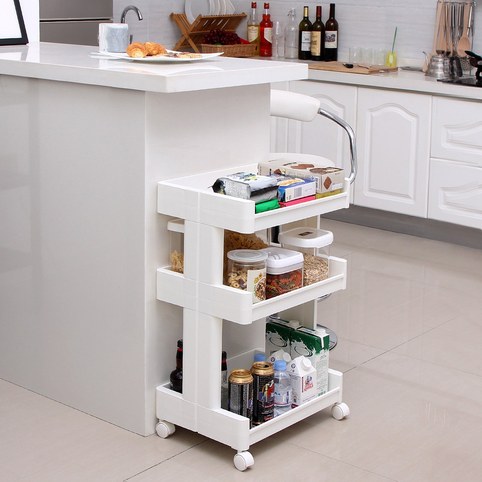 3-Tier Rolling Cart - Plastic - White - with Castors for Kitchen and Bathroom Organization