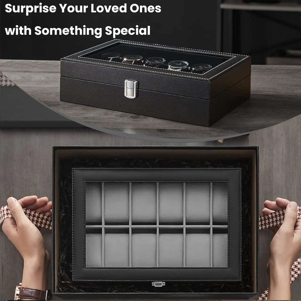 12-Slot Watch Box Organizer - Synthetic Leather - Black with Greenish Grey Lining - Large Glass Lid and Removable Watch Pillows