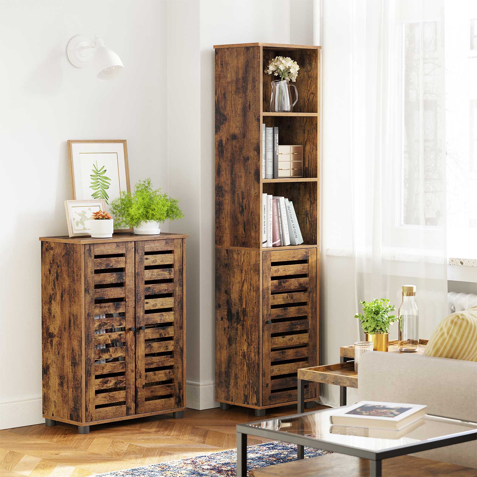 Bathroom Floor Cabinet - Wood - Rustic Brown - Multipurpose with Adjustable Shelf and Louvred Doors