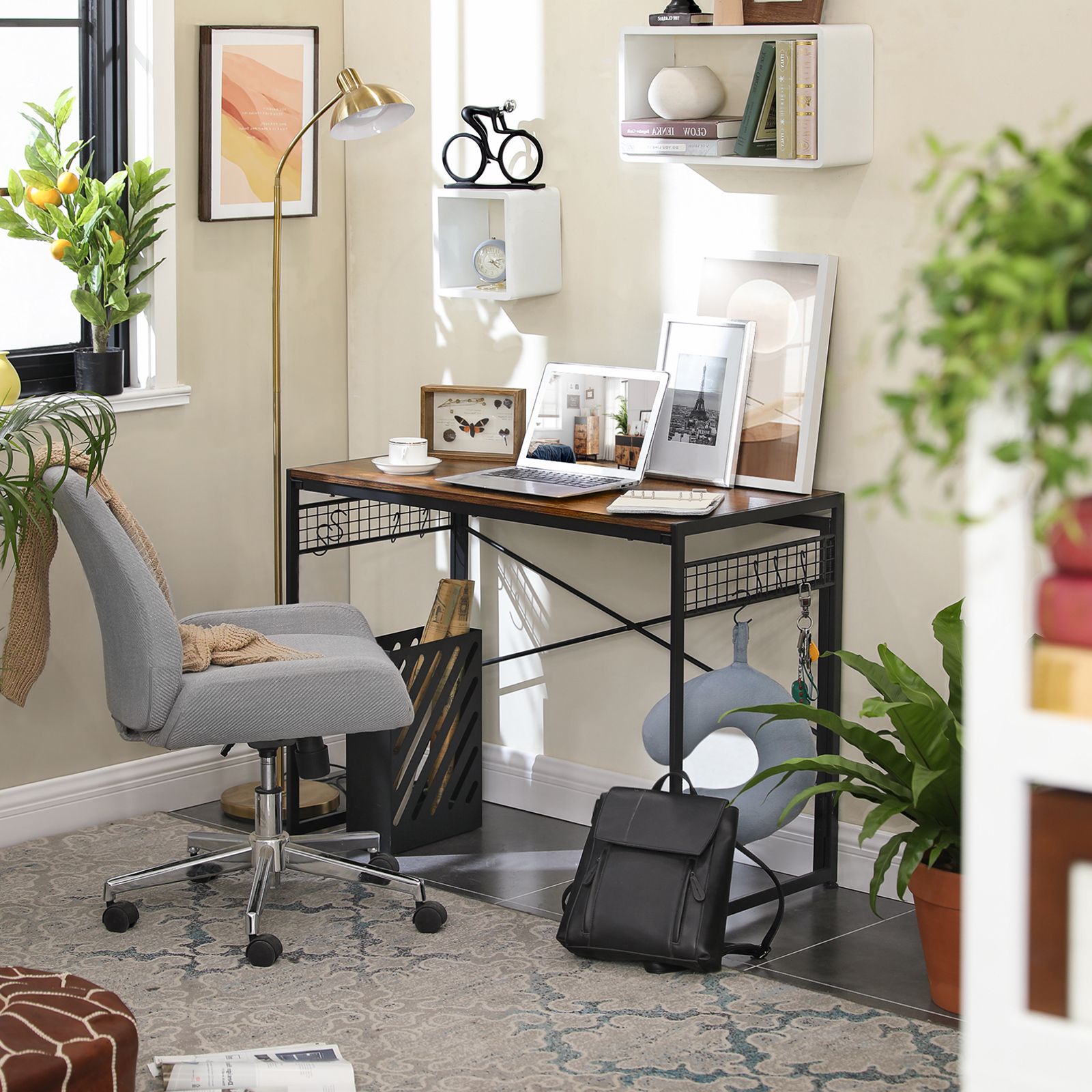 Folding Writing Desk - Wood - Rustic Brown and Black - 8 Hooks