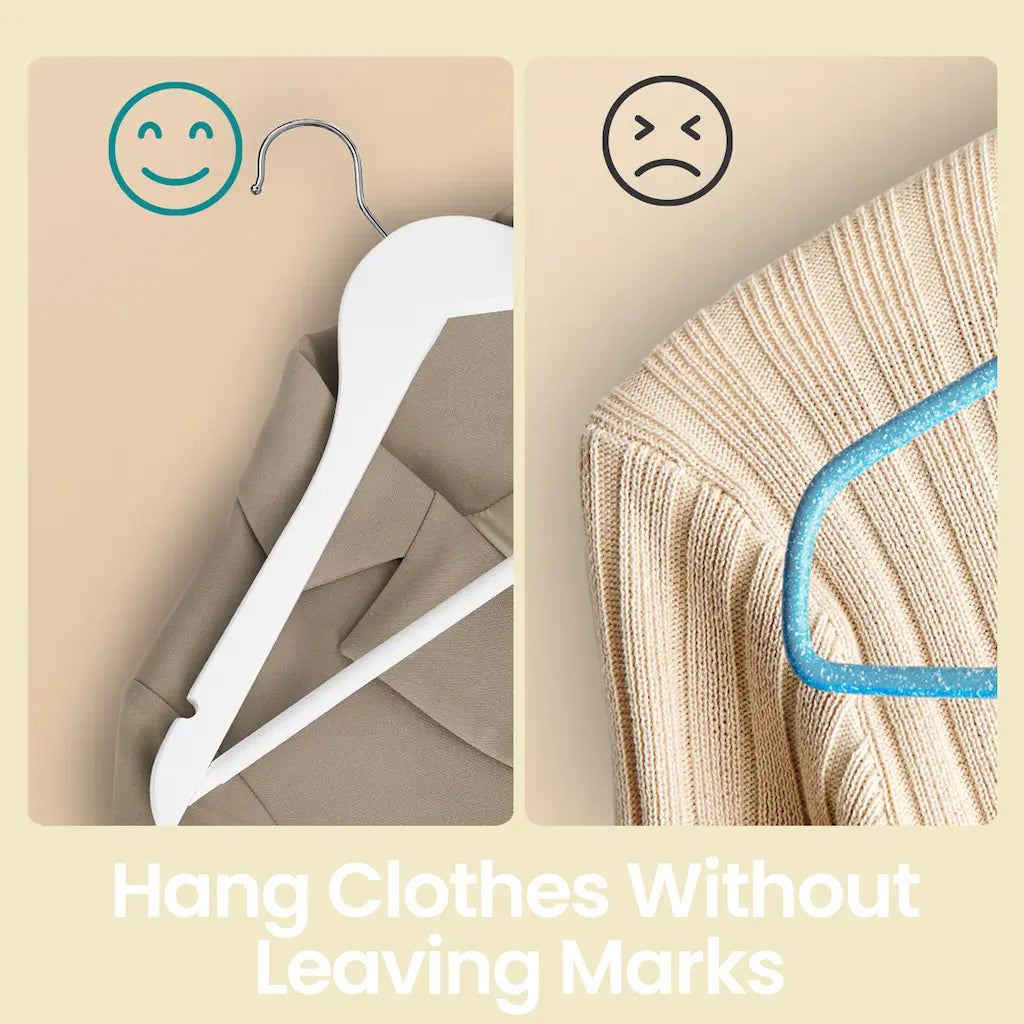 Coat Hangers - Wood - White and Silver - Set of 20 with Shoulder Notches and Anti-Slip Trousers Bar