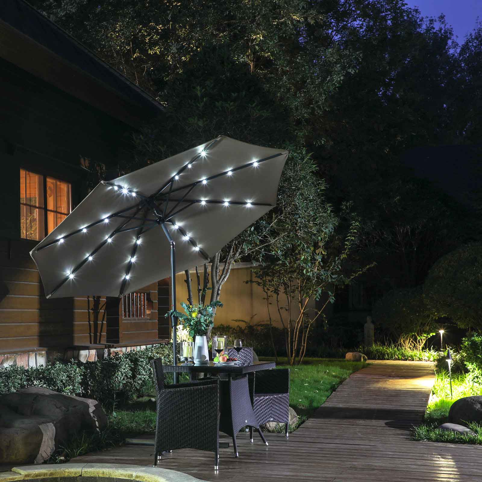 Large Patio Sun Umbrella - Fabric - Grey - Solar-Powered LED Lights