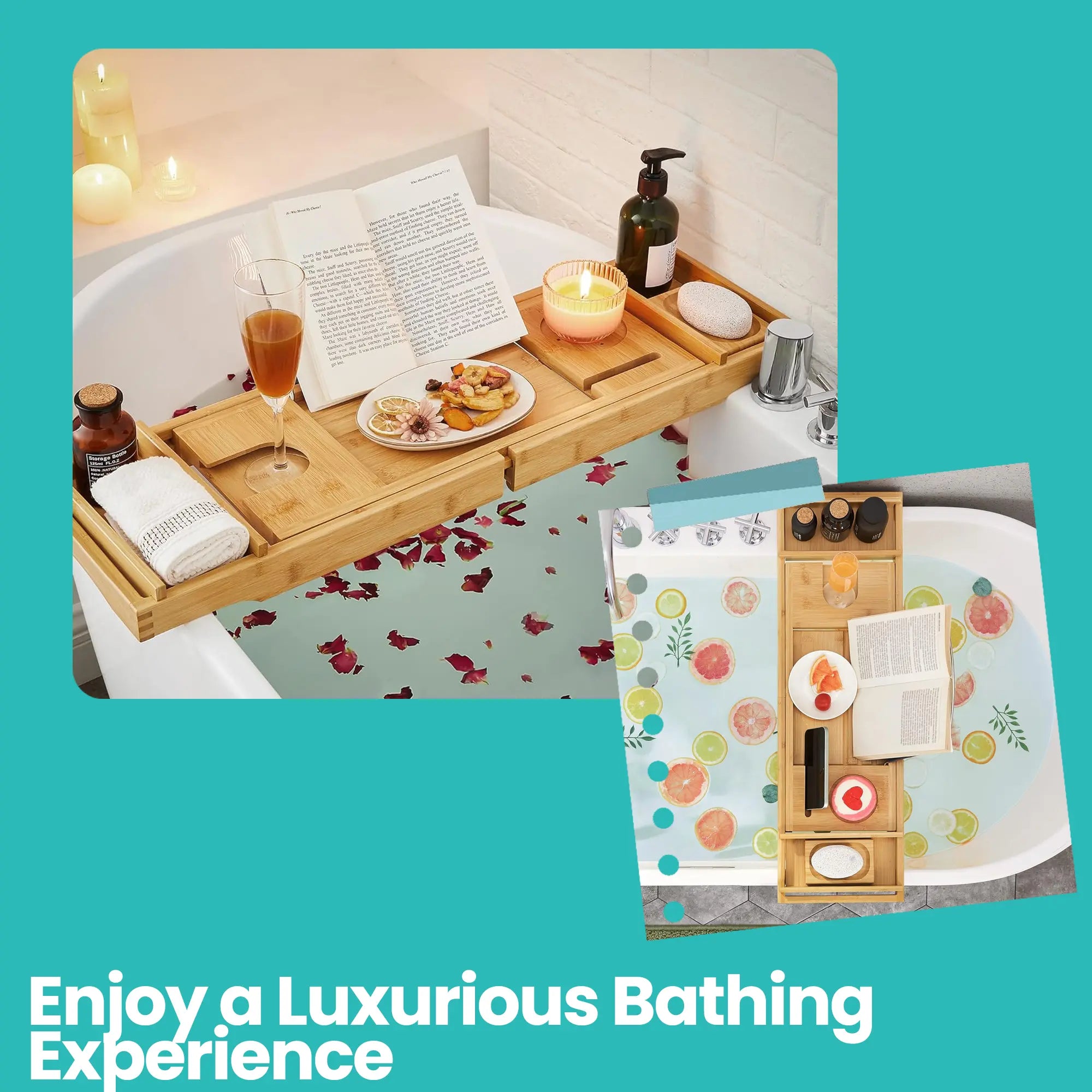 Extendable Bath Shelf - Bamboo - Natural - Includes Drink Holder