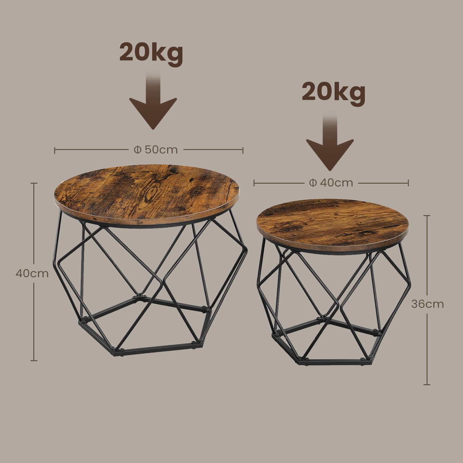 Set of 2 Coffee Tables - Steel Frame - Brown and Black - Removable Tabletop