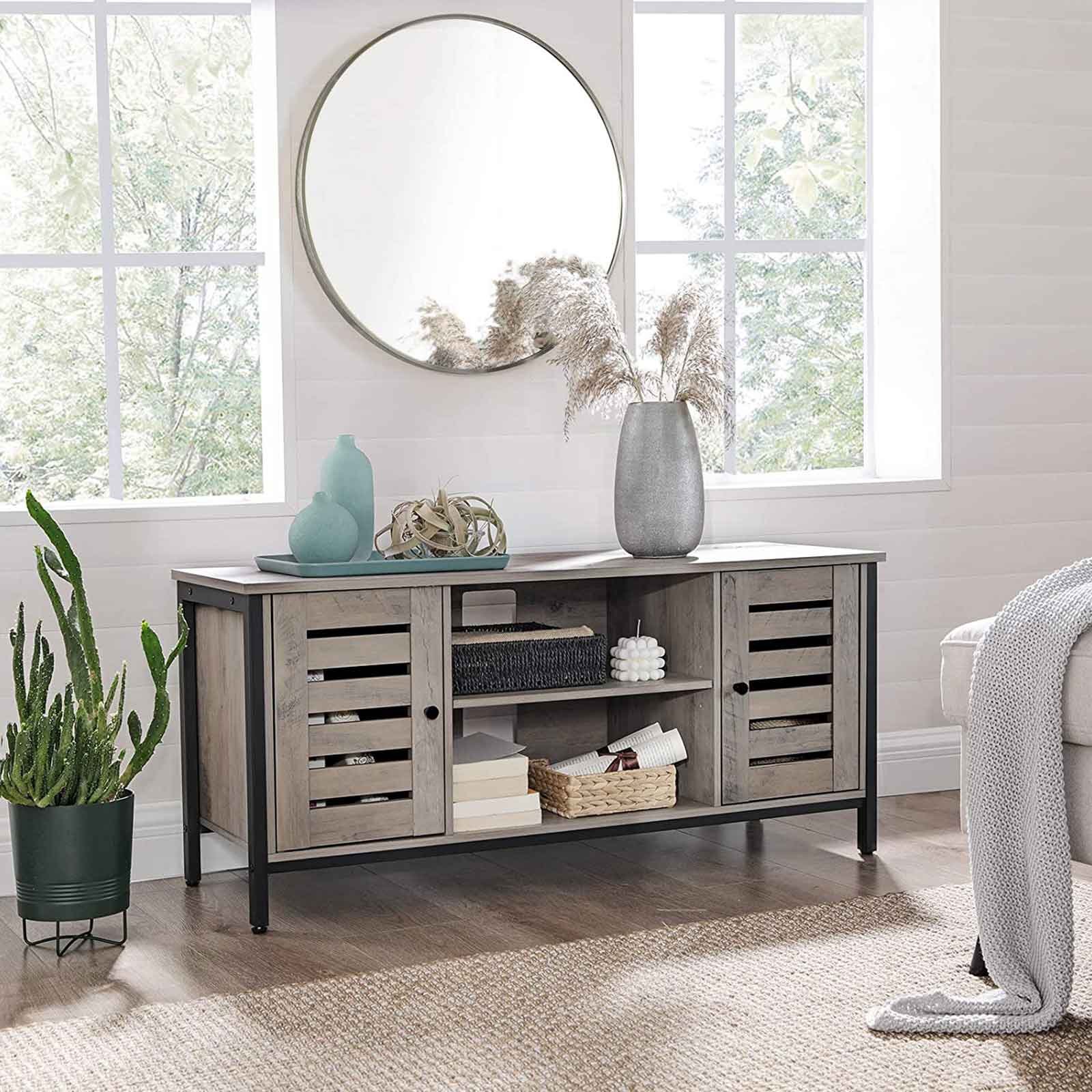 TV Console Unit - Wood - Rustic Brown - Louvered Doors