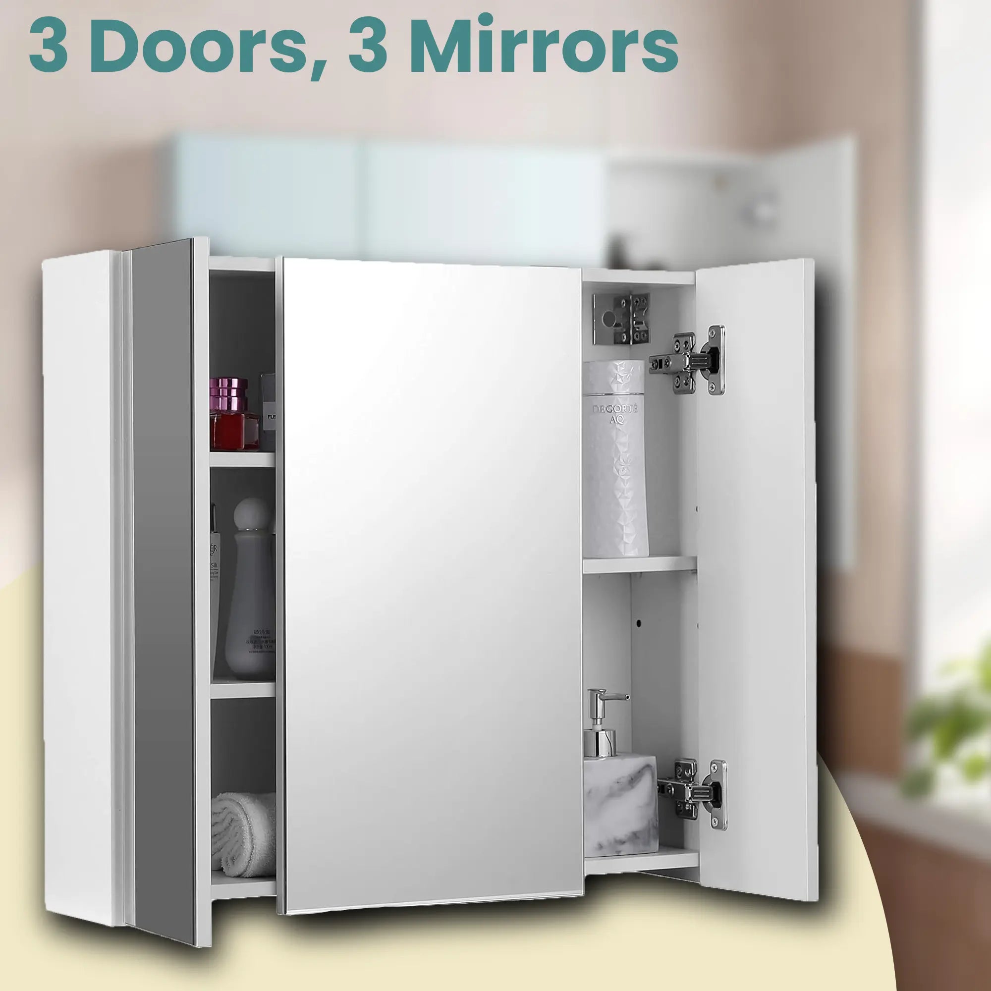 Wall-Mounted Bathroom Storage Cabinet - MDF - White - 3-Door with Adjustable Shelf and Mirror