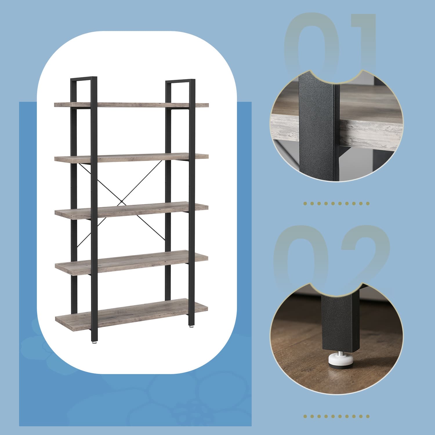 Bookshelf - 5-Tier Industrial Design - Wood - Rustic Brown