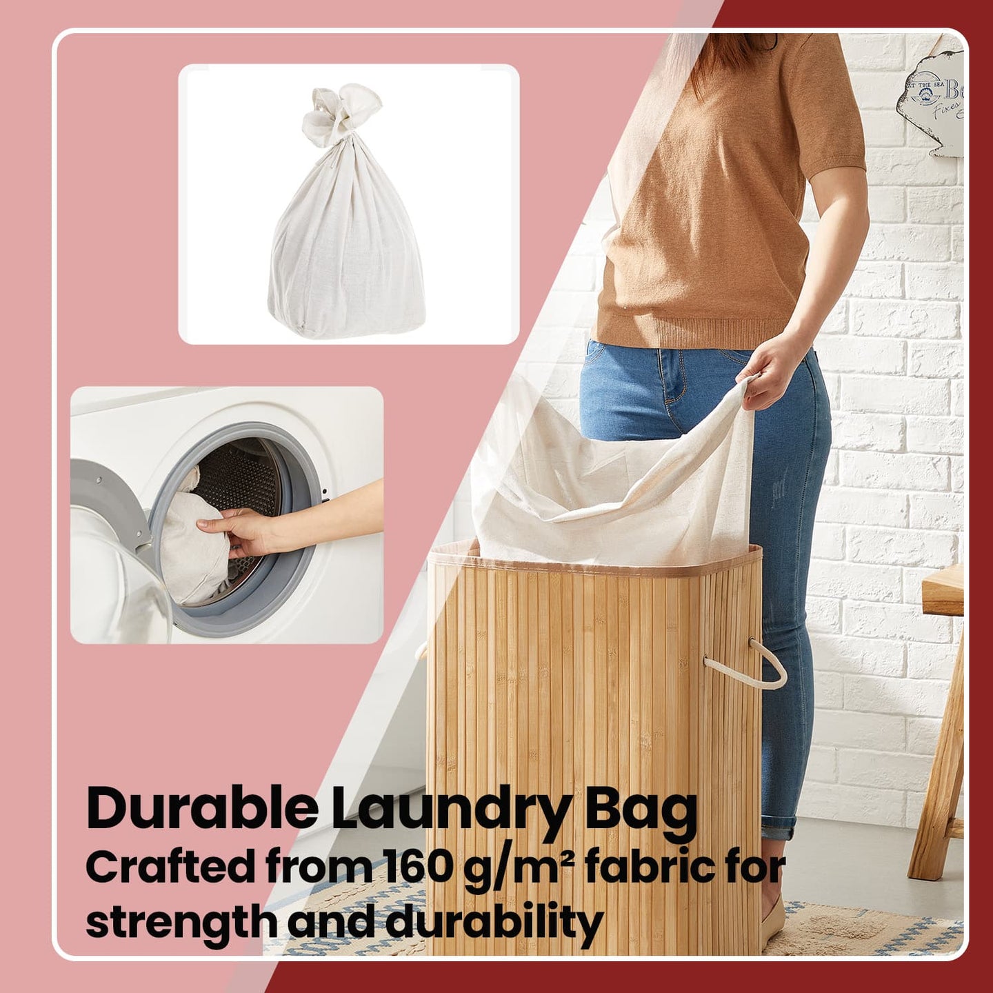 Foldable Laundry Hamper - Bamboo - Natural - 72 L Capacity with Lid and 3 Handles