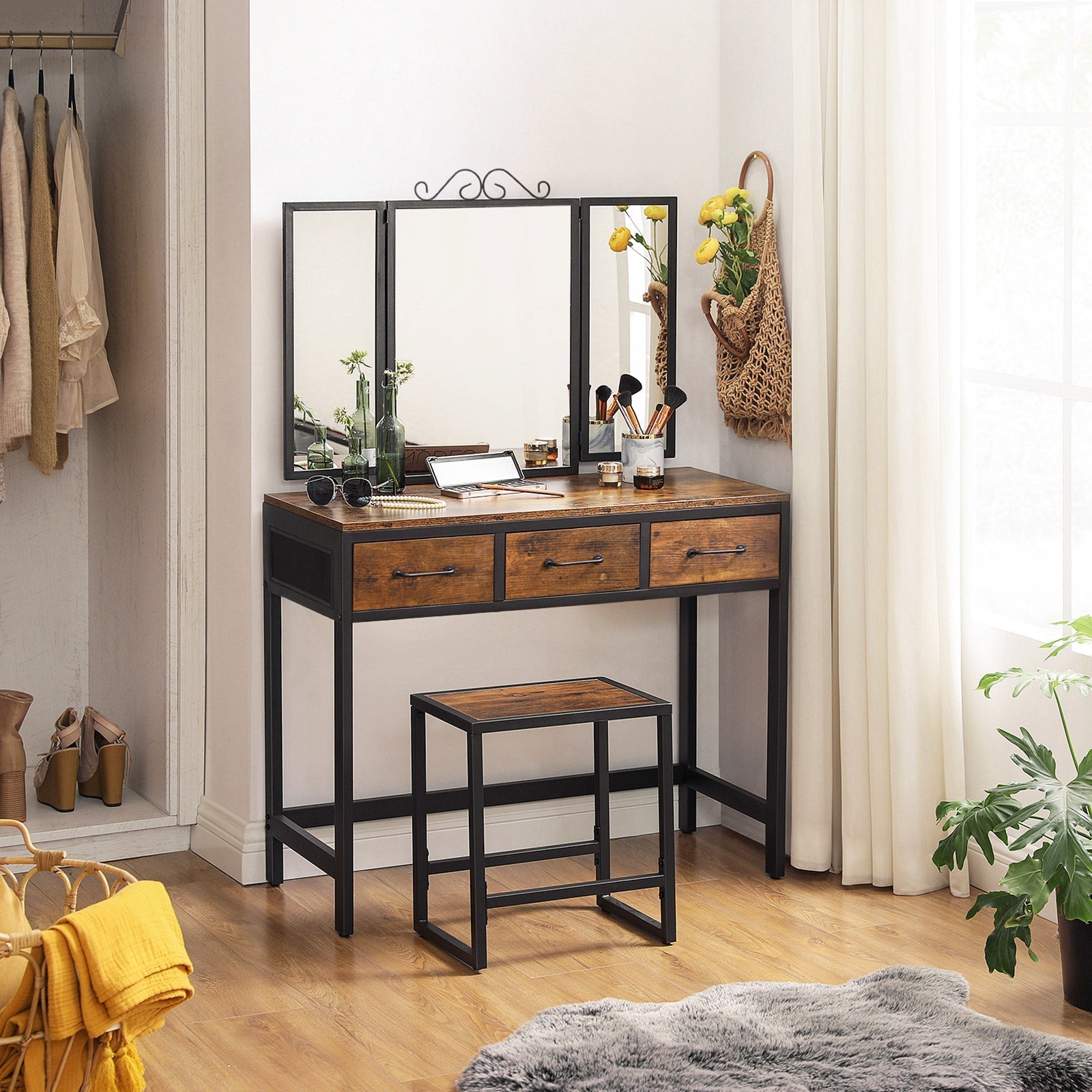 Vanity Table Set - Steel Frame - Rustic Brown and Black - Tri-Fold Mirror