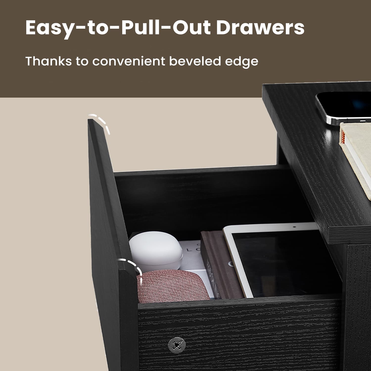 Nightstand - Wood - Cloud White - Charging Station with 3 Drawers