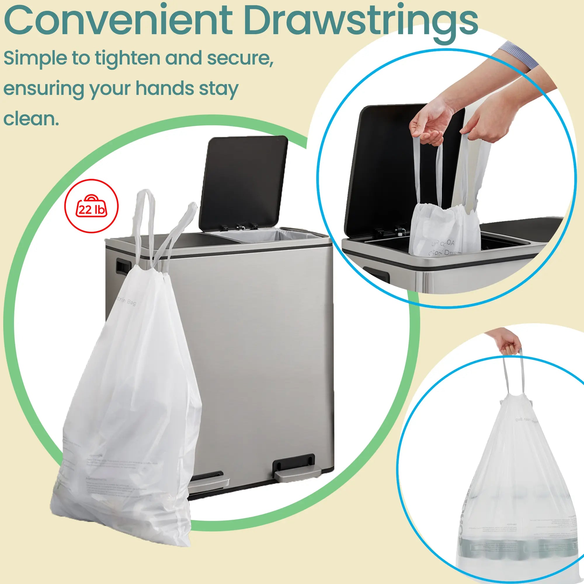 Heavy-Duty Drawstring Trash Bags - Plastic - White - 180-Piece for 8-Gallon Kitchen Waste