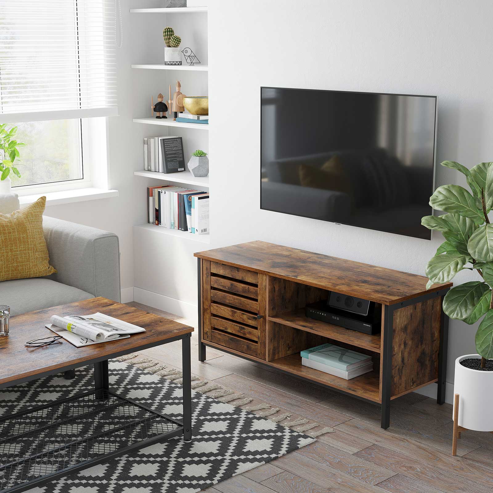 TV Cabinet - Wood - Rustic Brown and Black - Louvred Door with 2 Shelves