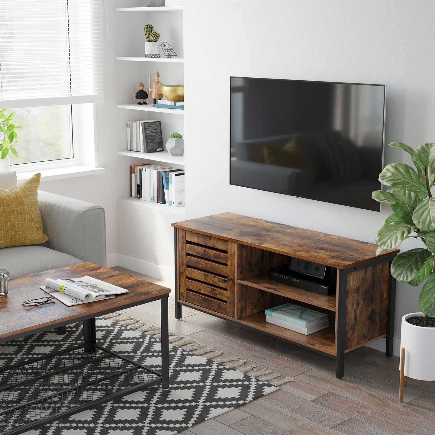 TV Cabinet - Wood - Rustic Brown and Black - Louvred Door with 2 Shelves