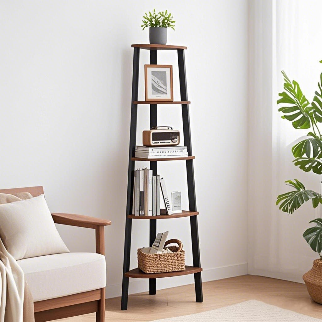 Corner Shelf Unit - Metal - Rustic Brown - 5-Tier Ladder Design for Living Room and Office