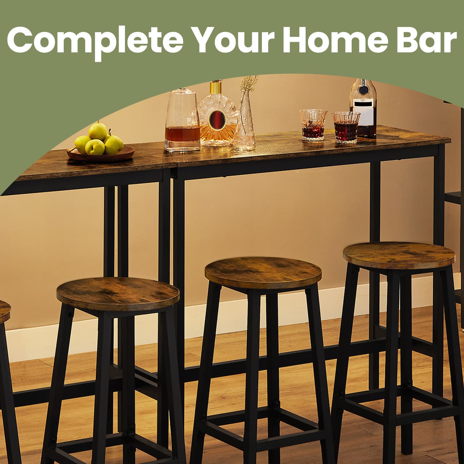 Bar Table Set - Includes 2 Bar Stools - Steel - Rustic Brown and Black
