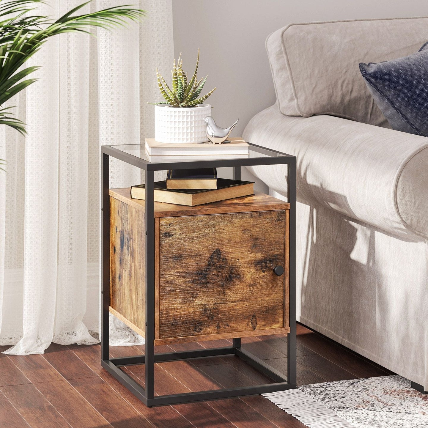 Side Table - Tempered Glass - Rustic Brown